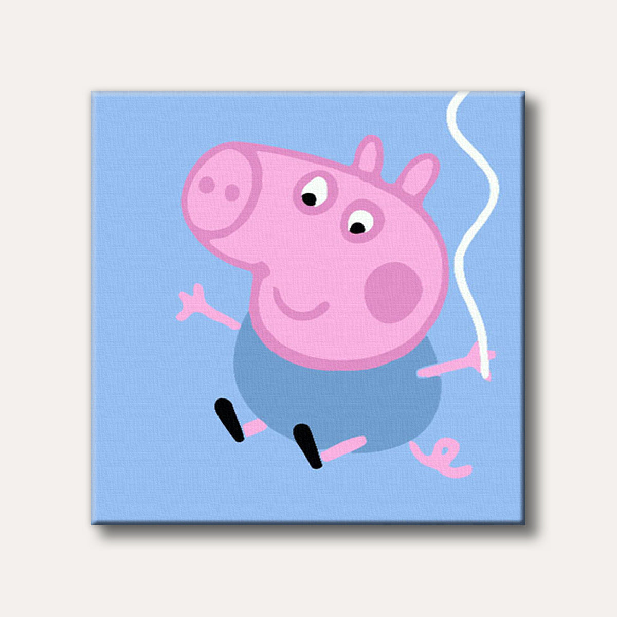 A cheerful illustration of Peppa Pig, a pink cartoon character wearing a blue dress, smiling against a light blue background in a simplistic, vibrant style.