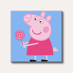 A cheerful cartoon pig character, Peppa Pig, holding a pink swirly lollipop against a light blue background, depicted in a simple, flat-colour style.