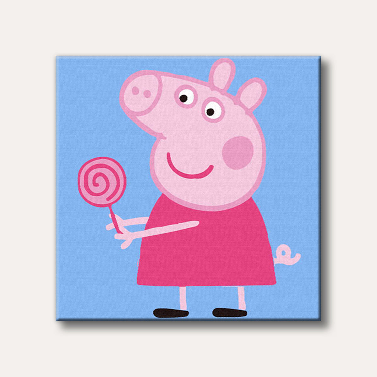 A cheerful cartoon pig character, Peppa Pig, holding a pink swirly lollipop against a light blue background, depicted in a simple, flat-colour style.