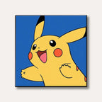 A cheerful illustration of Pikachu, the yellow electric Pokémon, smiling broadly against a vibrant blue background in a classic cartoon style.
