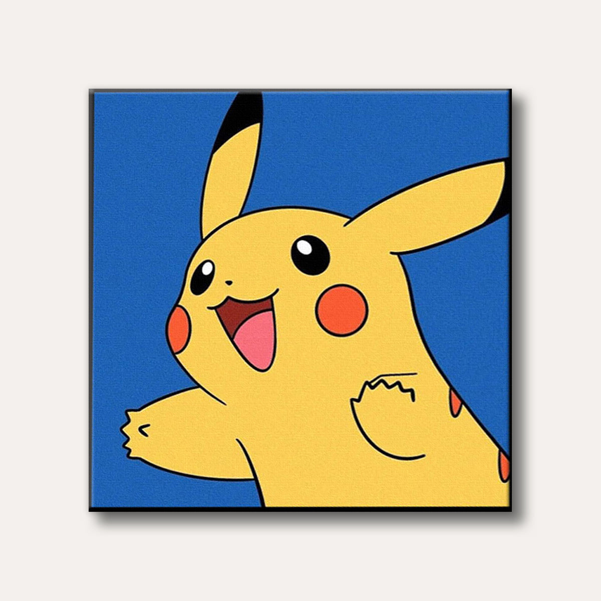 A cheerful illustration of Pikachu, the yellow electric Pokémon, smiling broadly against a vibrant blue background in a classic cartoon style.