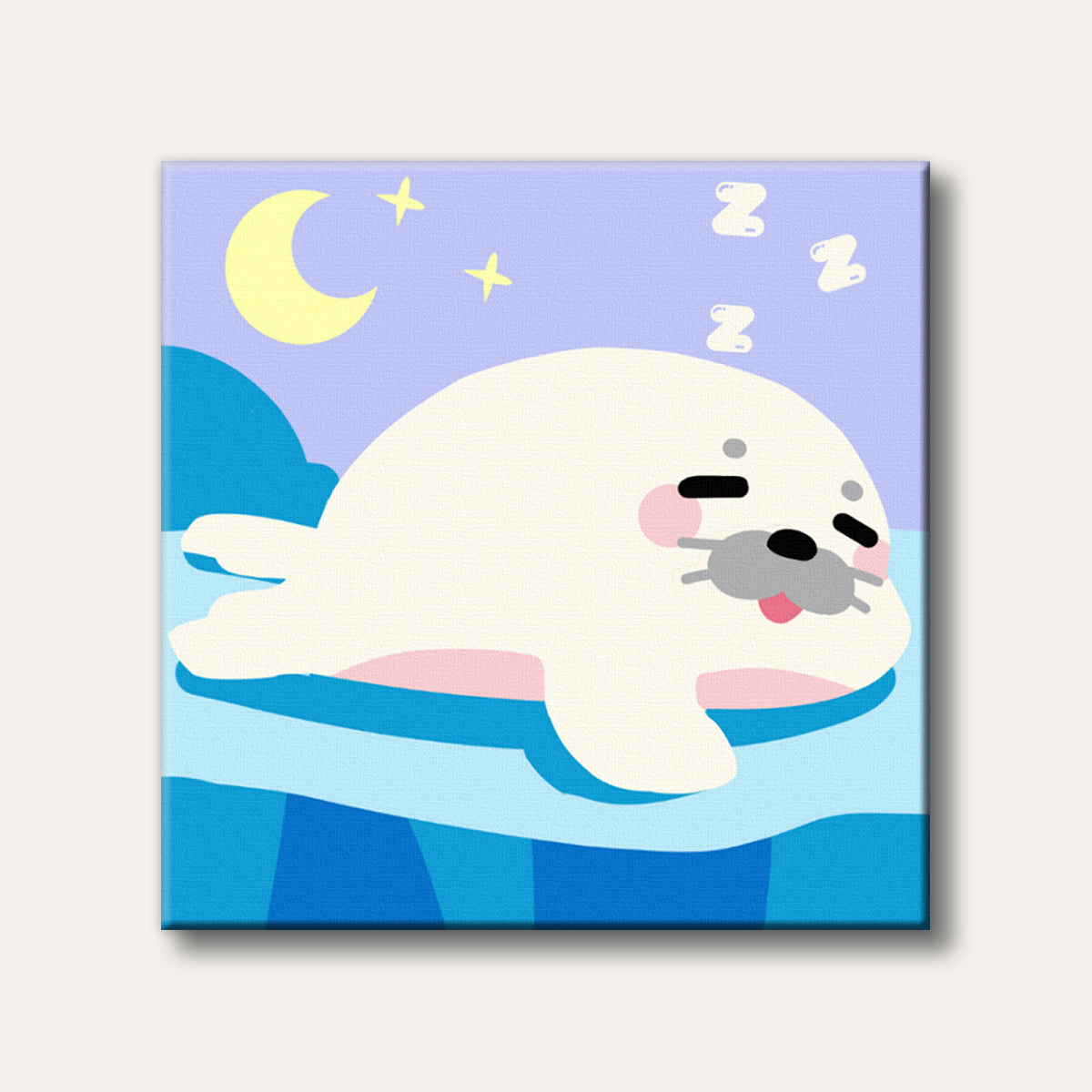 A cute, stylized white seal with closed eyes and pink cheeks, sleeping soundly on blue water under a light purple night sky with a yellow crescent moon and stars, depicted in a minimalist cartoon style.