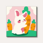 A cute white cartoon rabbit with pink ears and cheeks hugging a large orange carrot, set against a light pink background with green ground and small carrots, in a minimalist, kawaii art style.
