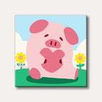 A cute pink cartoon pig sits in a green field under a blue sky, holding a large pink heart, depicted in a simple, cheerful illustration style.