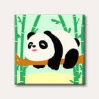 A minimalist cartoon illustration of a smiling black and white panda bear lying on a brown tree branch, set against a light green background with tall green bamboo shoots.