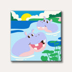 Two cute, cartoon-style hippos are smiling and swimming in a bright blue pond with green foliage, under a sunny sky with white clouds.