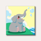A charming cartoon baby elephant sits on a green hill, happily blowing light blue bubbles from its trunk against a bright yellow and blue background, depicted in a simple, cheerful style.