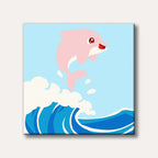 A joyful pink cartoon dolphin leaps out of a blue ocean wave, set against a light blue sky in a simple, flat illustration style.