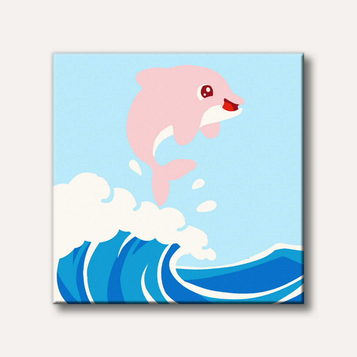 A joyful pink cartoon dolphin leaps out of a blue ocean wave, set against a light blue sky in a simple, flat illustration style.