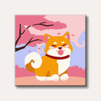 A cheerful, stylized Shiba Inu dog sitting happily with its tongue out under blooming pink cherry blossom trees, rendered in a flat, cartoonish style.