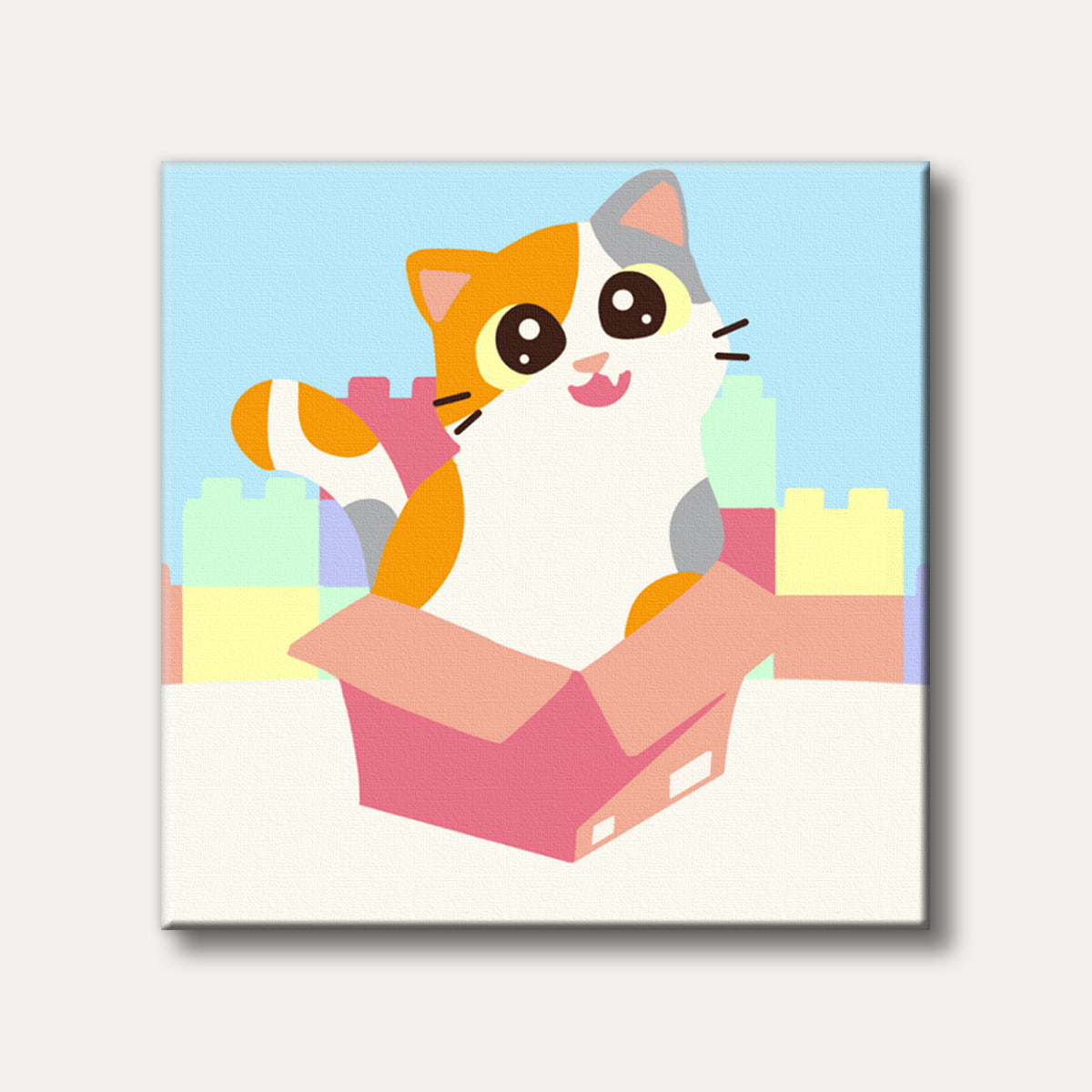 A happy, cartoon-style cat with orange, white, and grey fur peeking out of a pink cardboard box, set against a cheerful background of colourful block shapes.