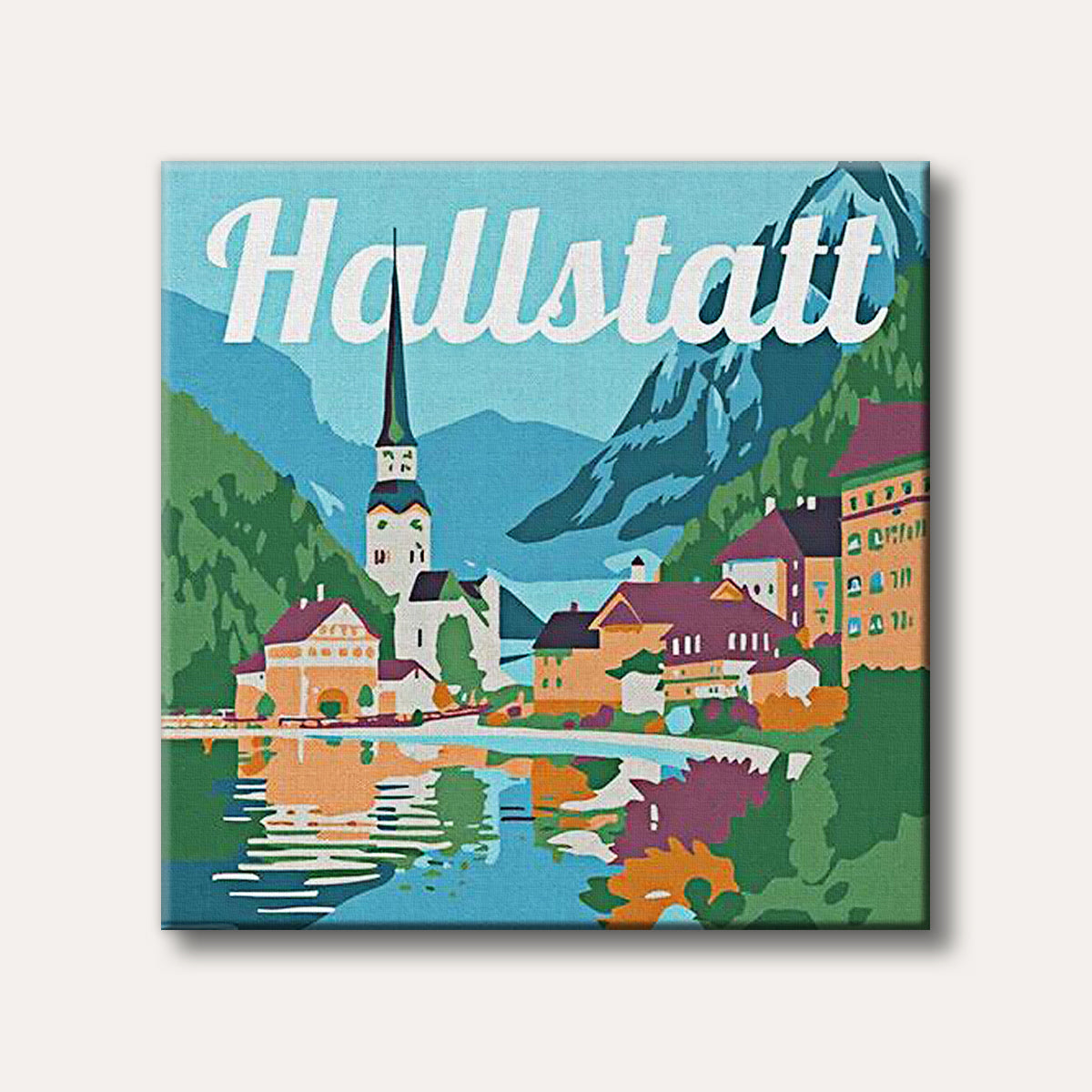 A stylized illustration of Hallstatt village in Austria, showcasing colourful buildings by a lake with a tall church spire and large mountains under a blue sky.