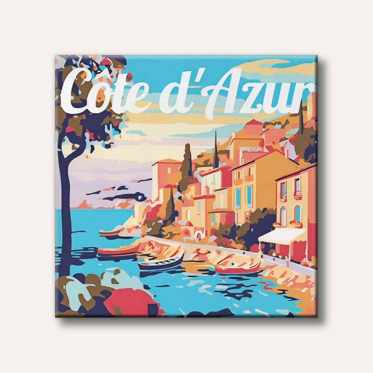 A vibrant, retro-style illustration depicting a picturesque Côte d'Azur coastal village with colourful buildings, boats in the sea, and the text 'Côte d'Azur' across the sky.