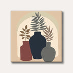A minimalist abstract painting featuring three vases in earthy tones, each holding a different botanical leaf, set against a light background with an arched shape.