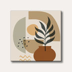 An abstract art piece depicting a stylized dark green plant in a rustic brown pot, set against a background of beige and tan geometric shapes with an orange circle and black dots, in a minimalist boho style.