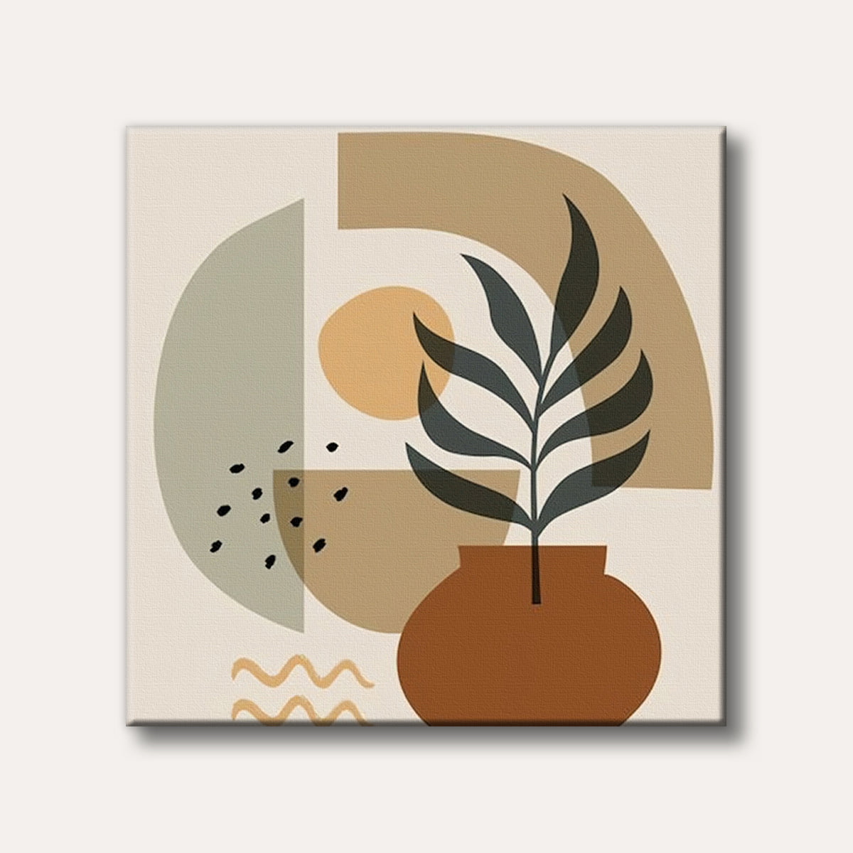 An abstract art piece depicting a stylized dark green plant in a rustic brown pot, set against a background of beige and tan geometric shapes with an orange circle and black dots, in a minimalist boho style.
