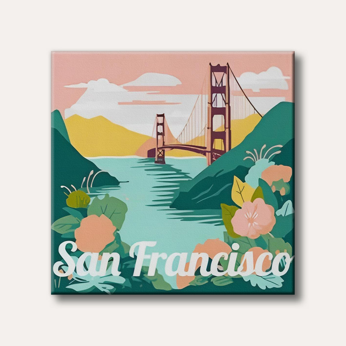 A retro-style illustration featuring the Golden Gate Bridge over a teal bay, with green hills, colourful flowers, and "San Francisco" text, all under a soft pink sky.