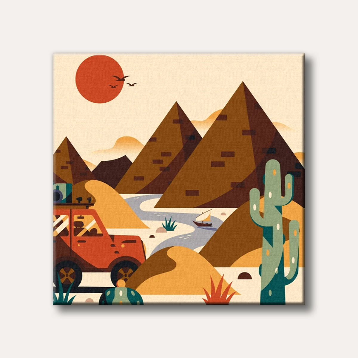 A vibrant, flat-style illustration depicting a desert landscape with ancient pyramids, a red off-road vehicle, a winding river, and a large setting sun.
