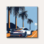 A minimalist, graphic style illustration featuring a white sports car driving on a vibrant orange road, flanked by silhouetted palm trees against a clear blue sky, evoking a retro travel poster feel.
