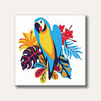 A brightly coloured blue and yellow macaw parrot is depicted amidst stylized red flowers and green, blue, and orange tropical leaves, rendered in a bold, graphic art style.