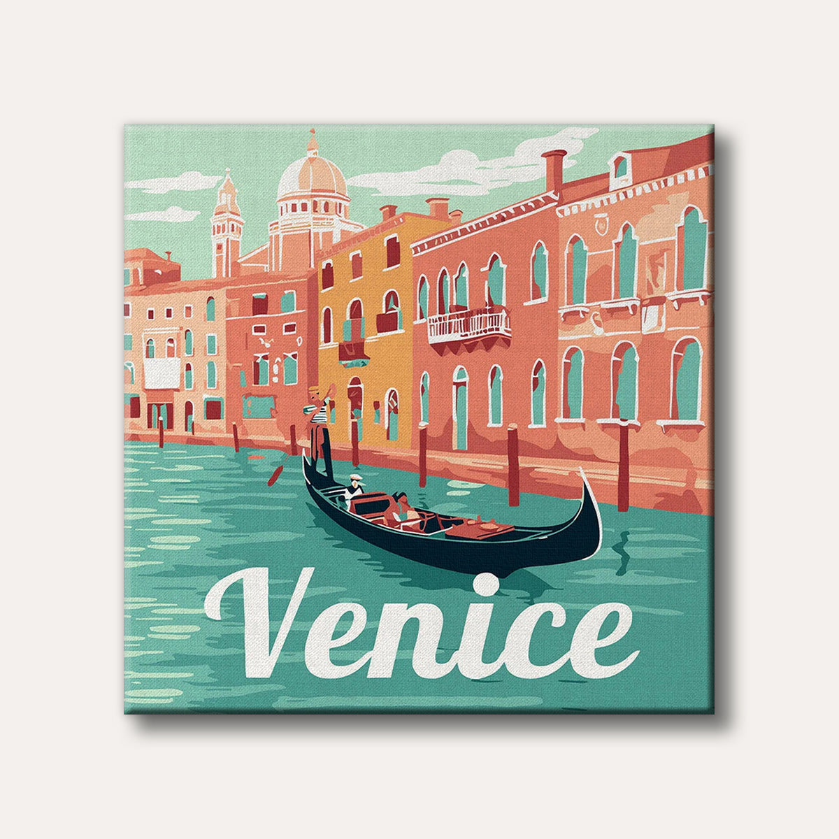 A stylized illustration of a gondola on a teal canal in Venice, with colourful historic buildings and the text 'Venice' below, rendered in a retro travel poster style.