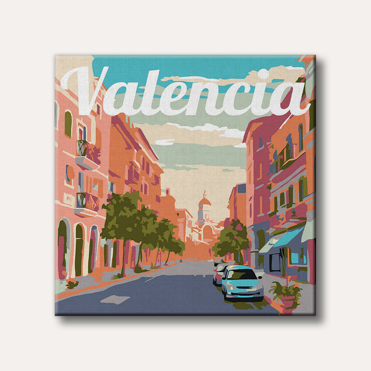 A vibrant, stylized illustration of a European city street, featuring colourful buildings, trees, and parked cars, with "Valencia" written prominently at the top.