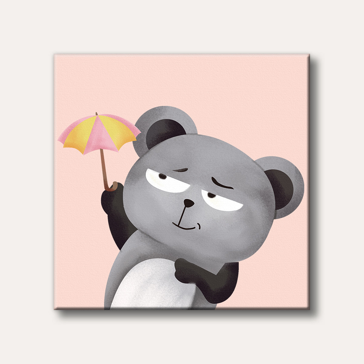 A cartoonish grey and black bear with a grumpy expression holds a tiny pink and yellow umbrella against a light pink background, painted in a simple, illustrative style.