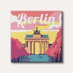 A vibrant, stylized illustration of the Brandenburg Gate in Berlin with pink trees and a yellow sky, featuring a modern, graphic art style.