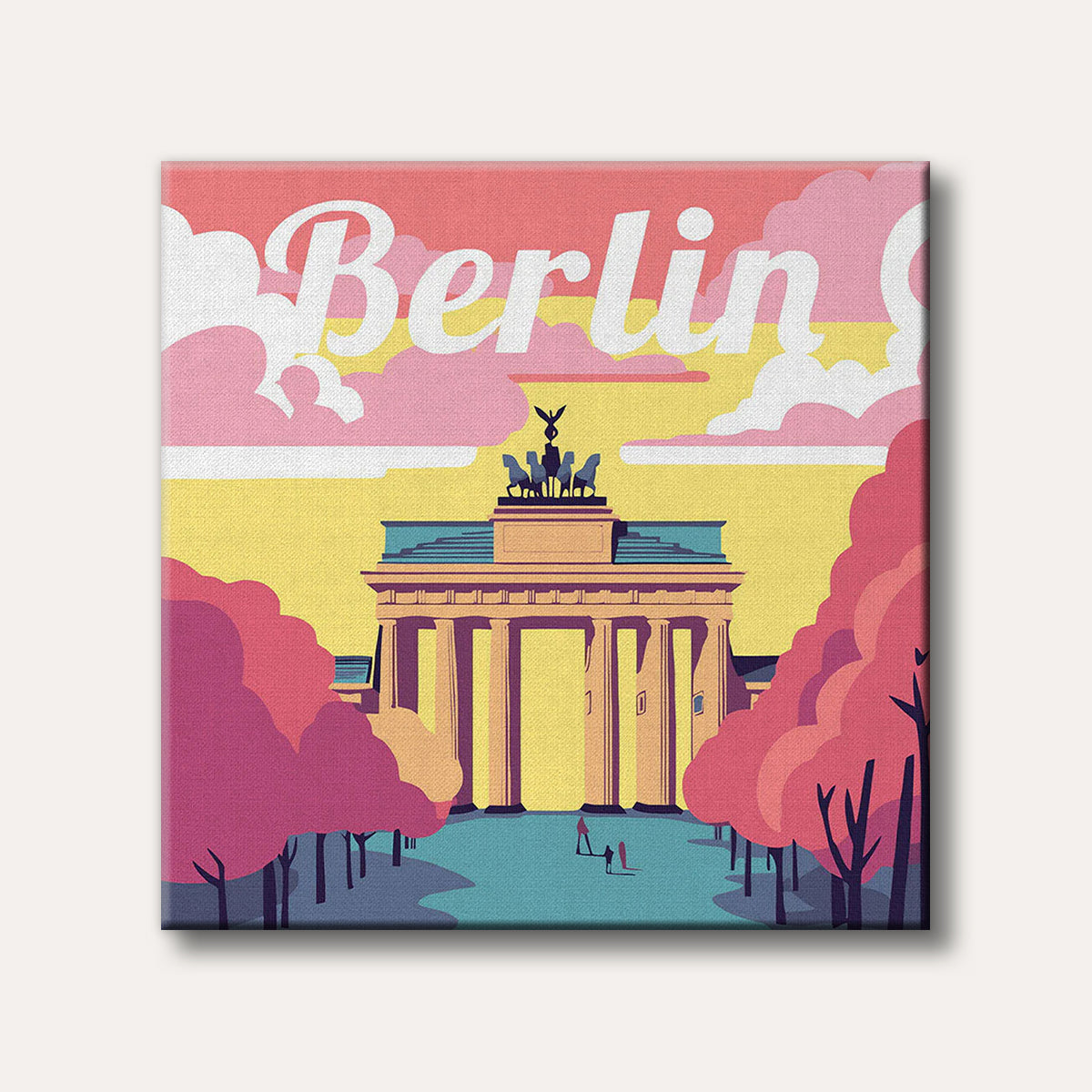 A vibrant, stylized illustration of the Brandenburg Gate in Berlin with pink trees and a yellow sky, featuring a modern, graphic art style.