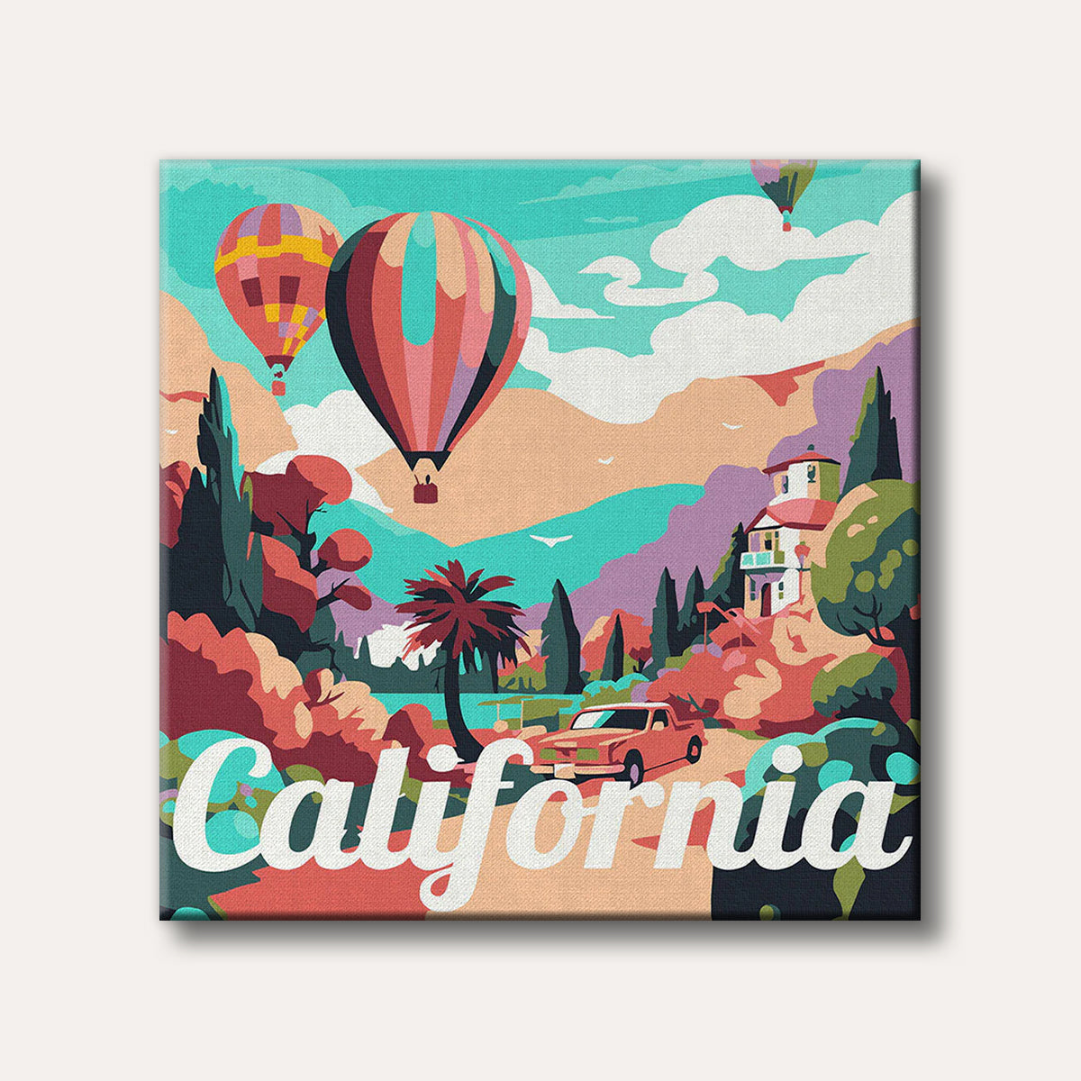 A retro-style illustration depicting a vibrant California landscape with colourful hot air balloons, a classic car, and the word 'California' in white, set against mountains and a teal sky.