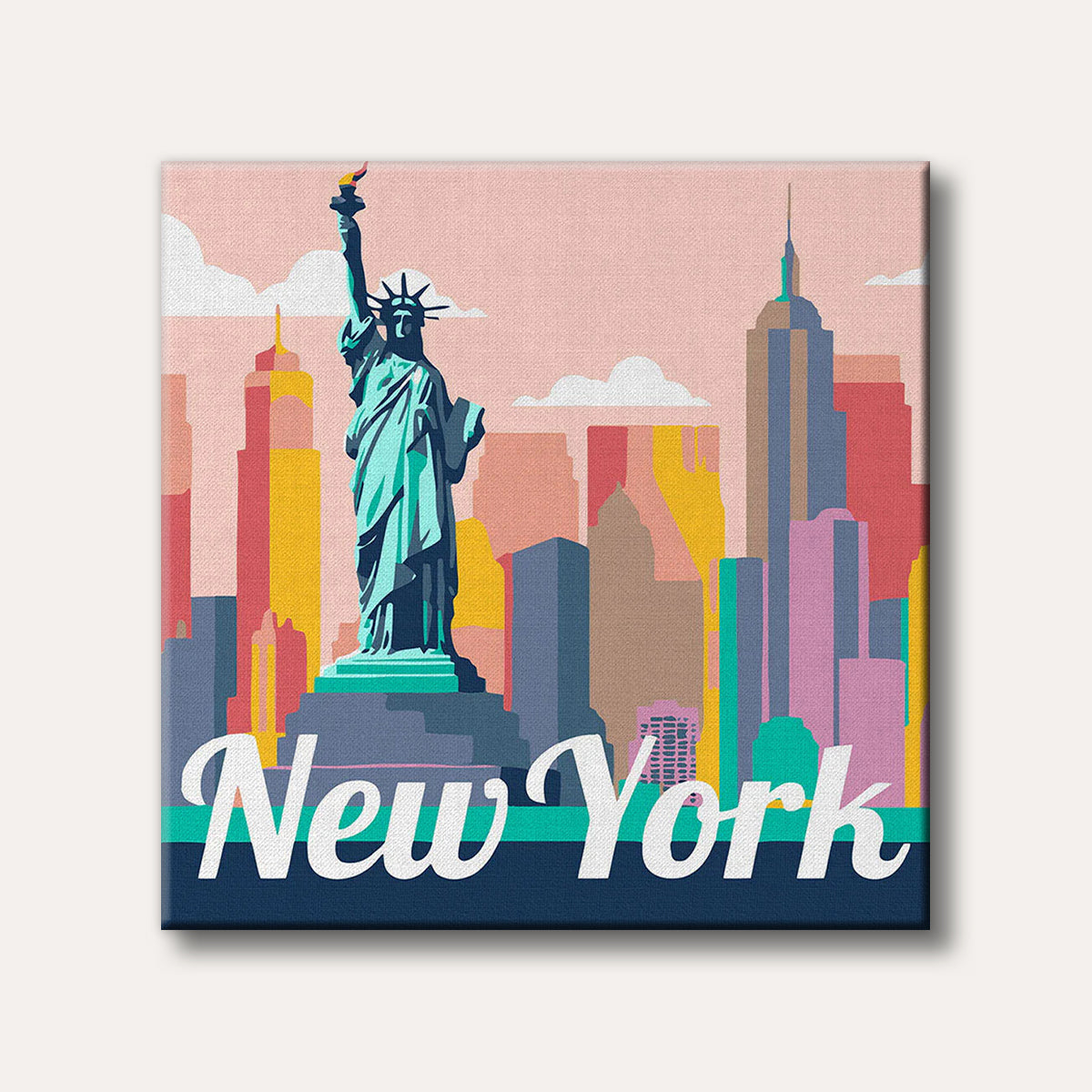 A vibrant, pop art style illustration of the Statue of Liberty in front of the New York City skyline, with colourful block buildings and the word 'New York' prominently displayed.