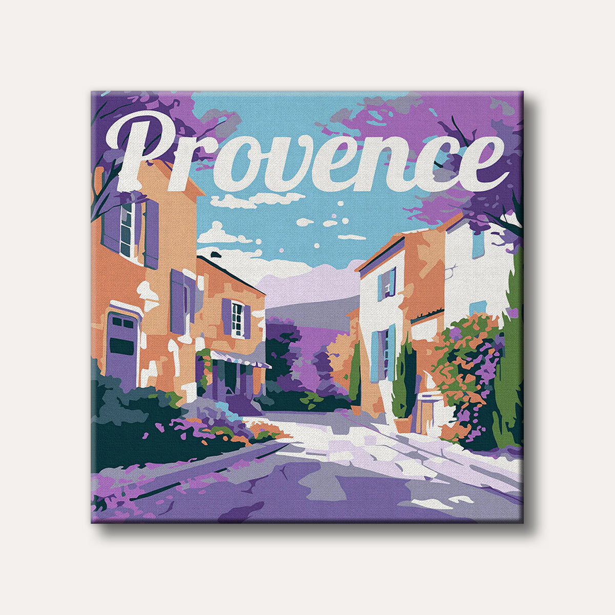A vibrant, stylized illustration of a charming street in Provence, France, featuring traditional buildings with purple shutters, lush greenery, and the word 'Provence' overhead, depicted in a travel poster art style.