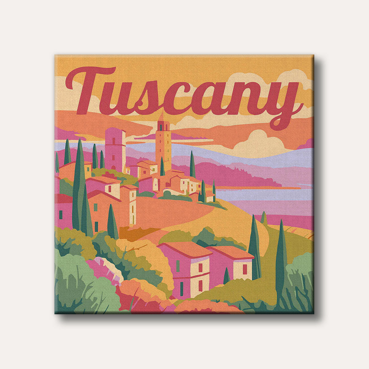 A vibrant, graphic style illustration of a Tuscan village with a tall tower and cypress trees, set against rolling hills and a colourful sunset sky, with the word 'Tuscany' prominently displayed.