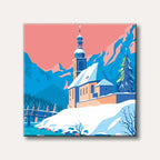 An illustration of a snow-covered church nestled in a vibrant blue and pink winter mountain landscape with a decorated Christmas tree and a bridge over a river, in a stylized graphic art style.