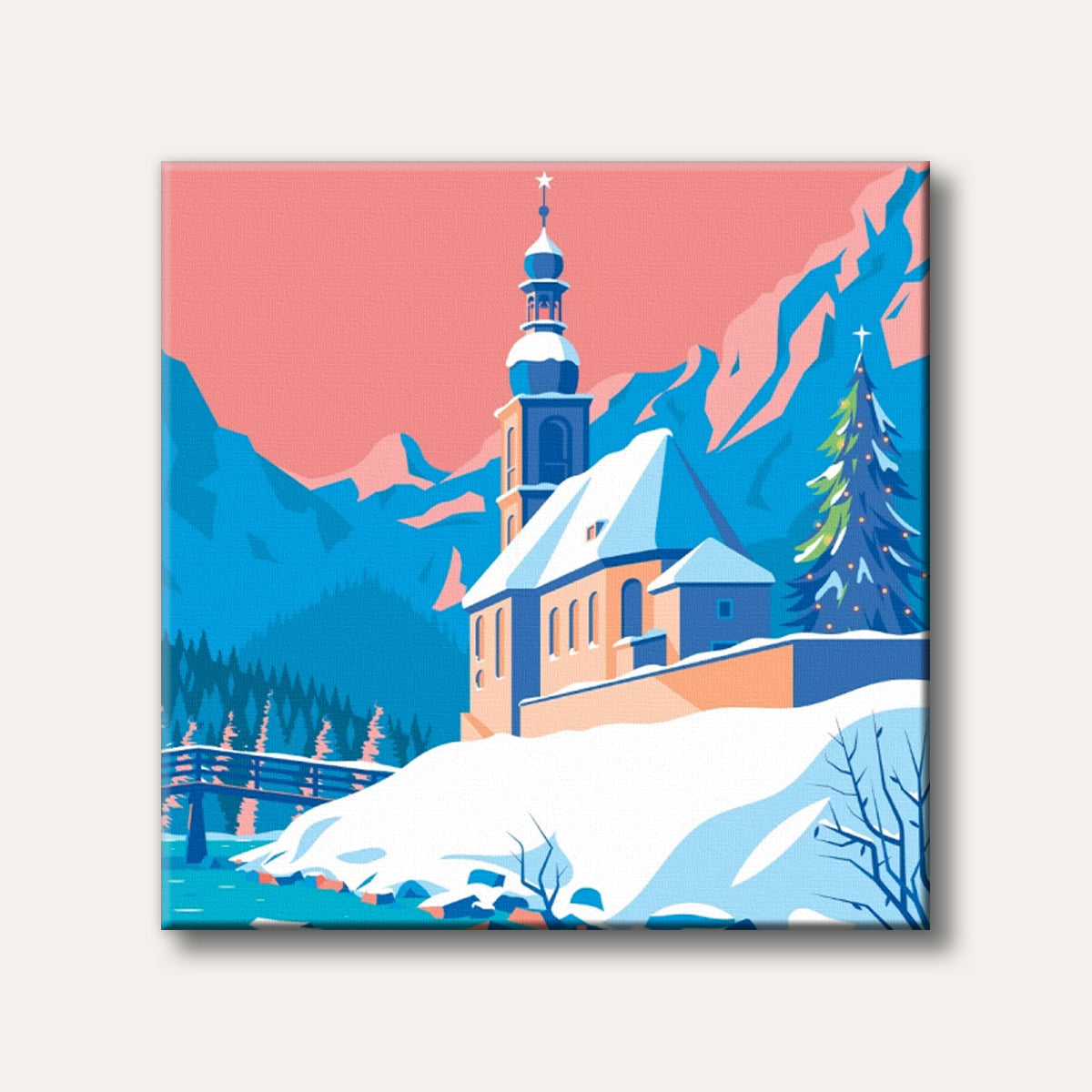 An illustration of a snow-covered church nestled in a vibrant blue and pink winter mountain landscape with a decorated Christmas tree and a bridge over a river, in a stylized graphic art style.