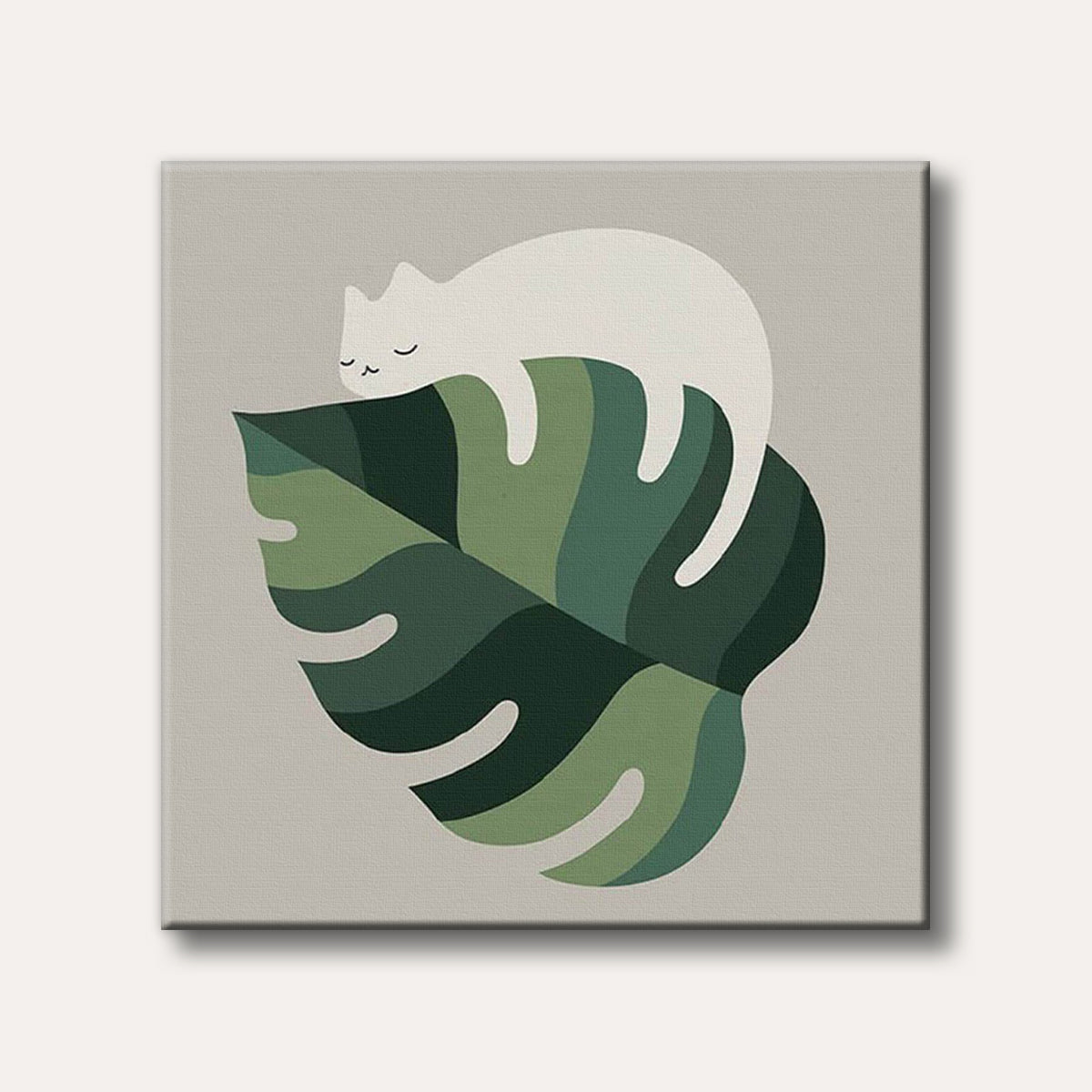 A simple, minimalist illustration of a white cat sleeping peacefully on a large green monstera leaf against a light grey background.
