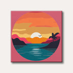 A vibrant, stylized graphic depicting a sunset over tranquil water with distant hills and a palm tree silhouette, rendered in flat, layered colours within a circular frame.