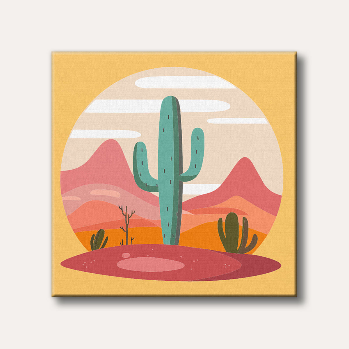 A stylized illustration of a tall turquoise saguaro cactus centered in a vibrant desert landscape with pink and orange mountains under a pale sky, presented within a circular frame.