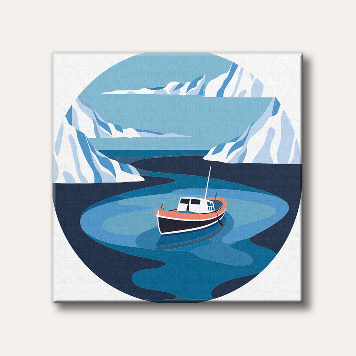 A minimalist illustration of a small boat on a winding blue icy river, surrounded by abstract white icebergs under a light blue sky.