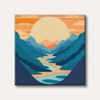 A vibrant abstract landscape painting featuring a winding river through blue mountains under a large orange and yellow sun, depicted in a modern, stylized geometric art style.