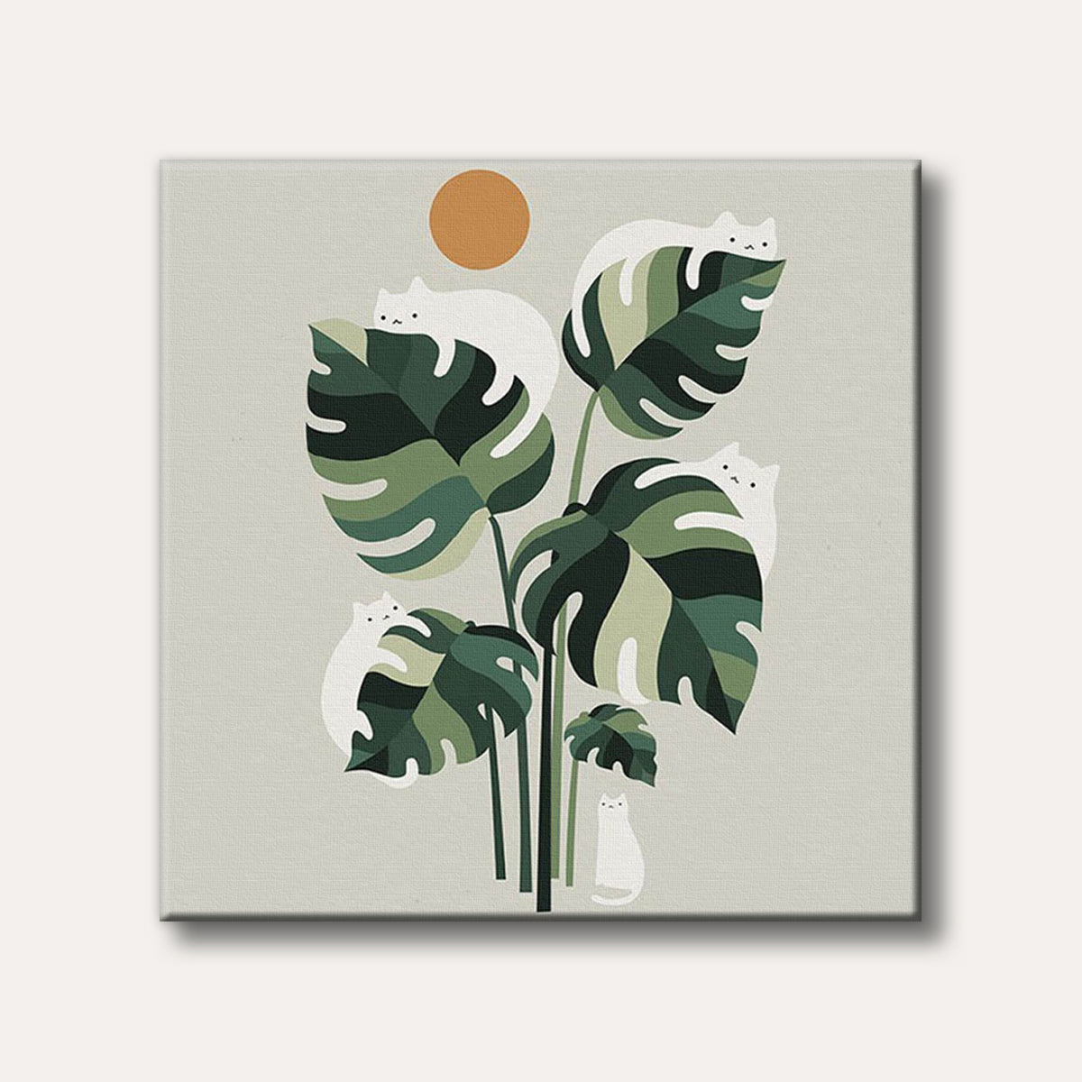 A whimsical illustration depicting several white cats peeking out from behind large, stylized green Monstera leaves, with an orange sun in a minimalist art style.