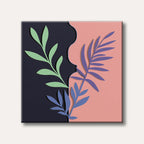 An abstract cut-out style composition featuring layered green, purple, and blue botanical shapes against dark blue and peach backgrounds.