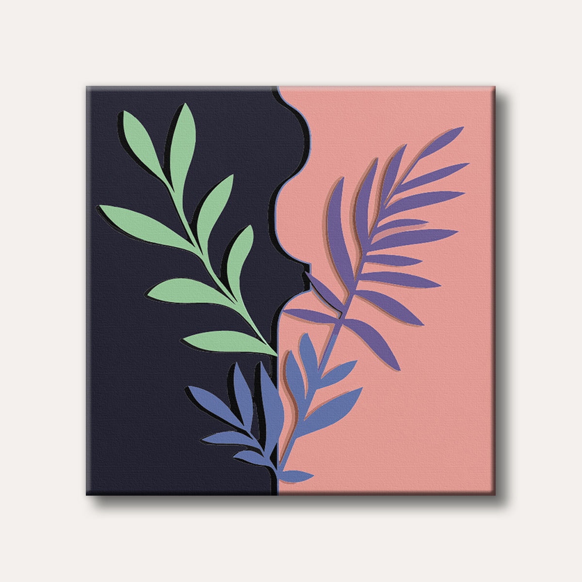 An abstract cut-out style composition featuring layered green, purple, and blue botanical shapes against dark blue and peach backgrounds.