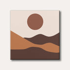 A minimalist abstract painting depicting a large brown circle representing the sun or moon over undulating hills in shades of brown and orange, set against a light beige background.