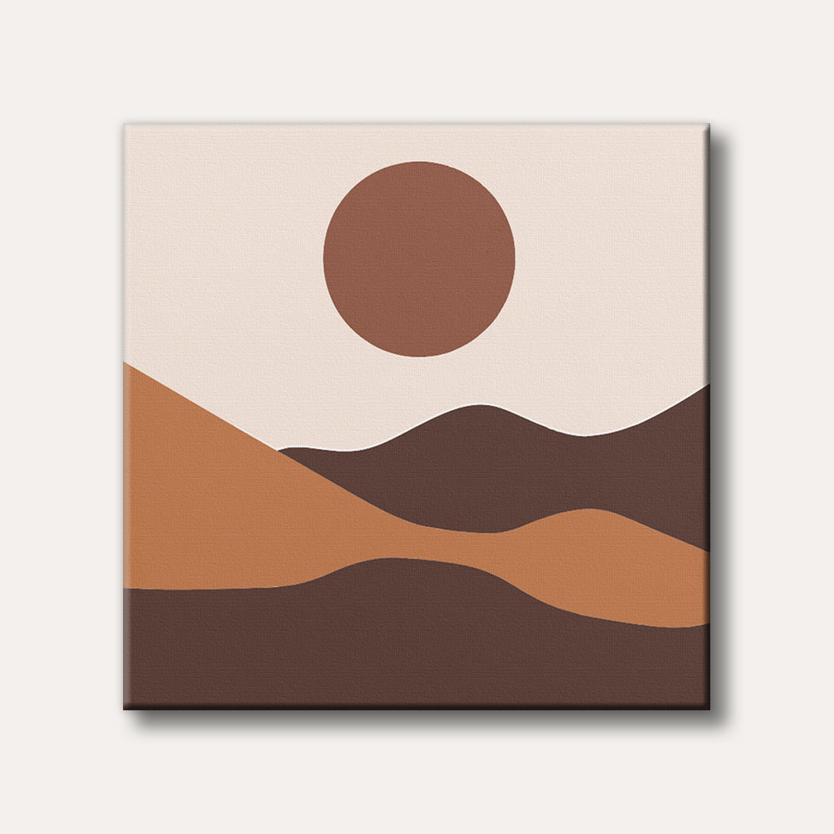 A minimalist abstract painting depicting a large brown circle representing the sun or moon over undulating hills in shades of brown and orange, set against a light beige background.