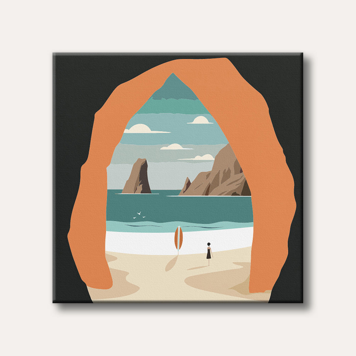 A minimalist style illustration depicts a serene beach scene featuring a lone figure and surfboard, framed by an orange cave archway overlooking a tranquil blue ocean with prominent rock formations.