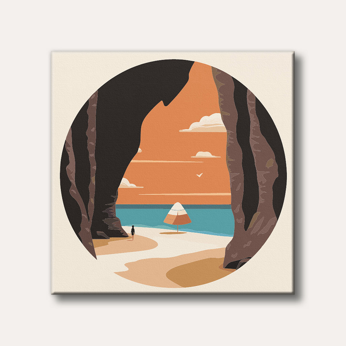 A stylized illustration of a tranquil beach and ocean seen through a dark cave opening, featuring an orange sunset sky and a lone figure.