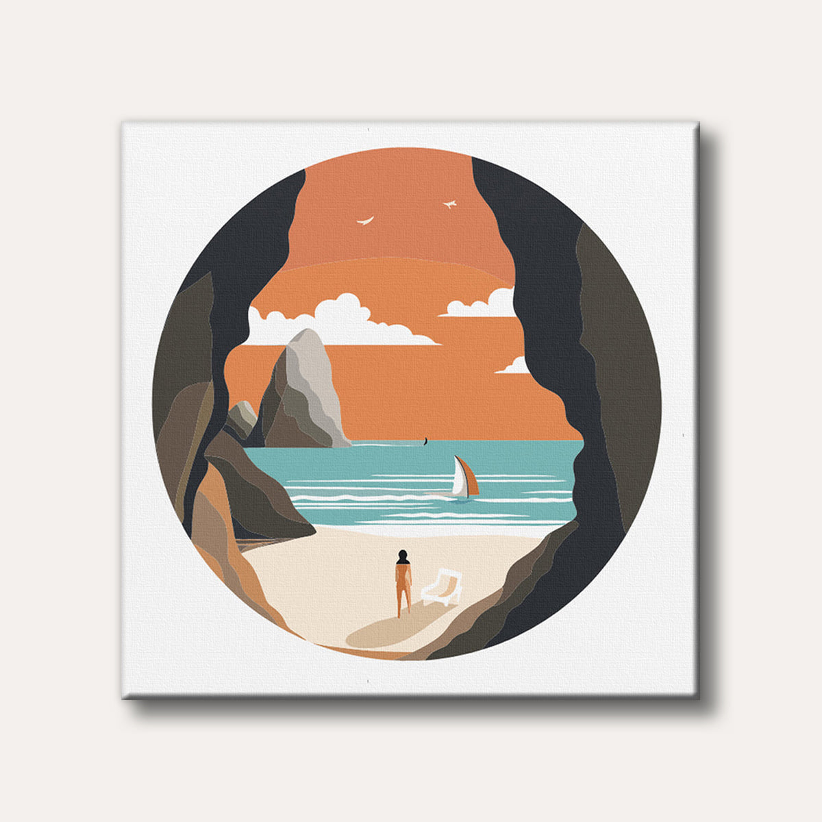 An illustrative depiction of a tranquil beach scene framed by dark cliffs, featuring a lone figure, a sailboat on blue water, and distant islands under an orange sky.