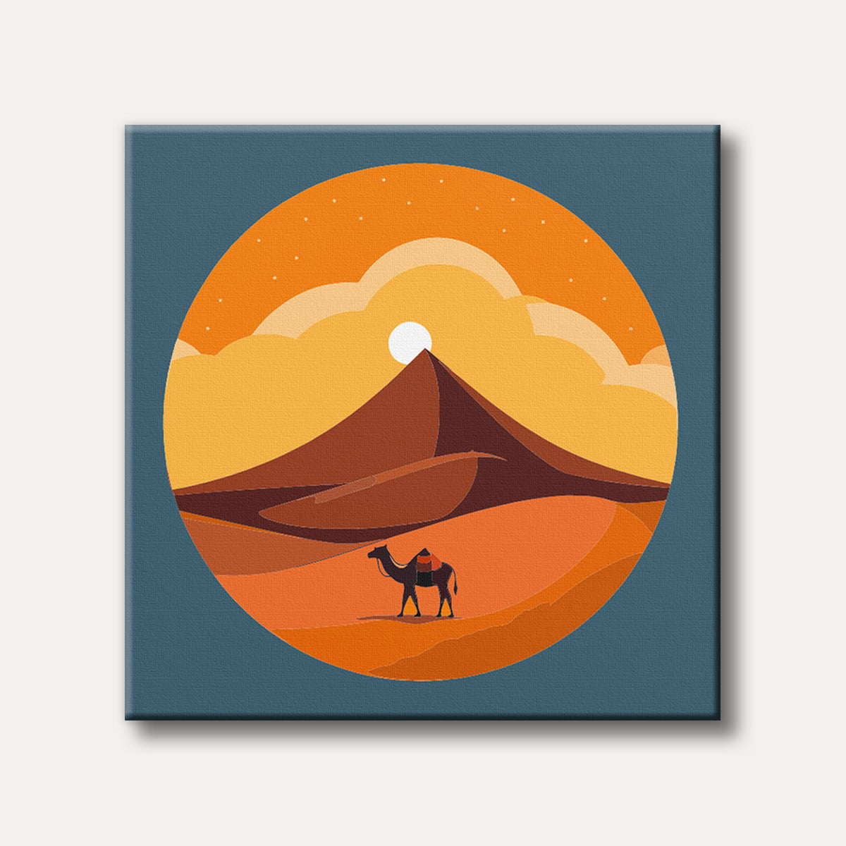 A minimalist depiction of a camel in a desert landscape with a large pyramid under an orange and yellow sunset, presented in a circular frame.