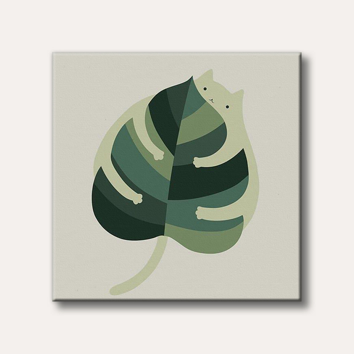 Two stylized, light green cats with simplistic features embrace a large green leaf with segmented veins, against a light beige background, in a minimalist art style.